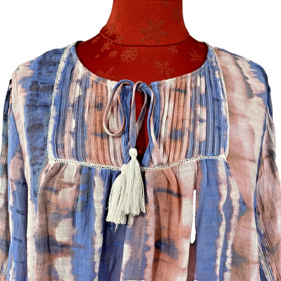 Zac & Rachel Woman Sz 2X Pink & Blue Peasant Top Boho Blouse 3/4 Sleeve Tassels - Picture 2 of 10